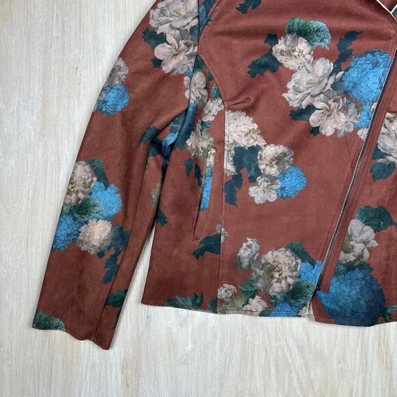 Elie Tahari Faux Leather Brown Hydrangea Floral Print Boho Chic Moto Jacket XL - Picture 4 of 16
